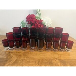 Vintage Luminarc Ruby‎ Red Pedestal Barware Set Holiday Glassware Collection MCM